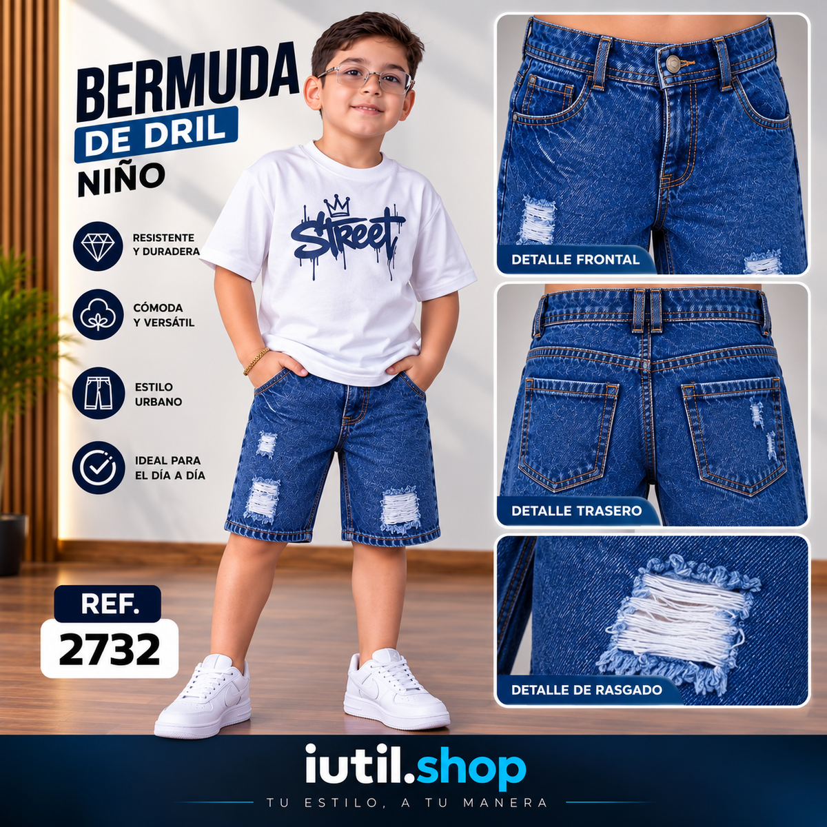 Bermuda de Dril Niño Azul Medio Desgastado – REF. 2732