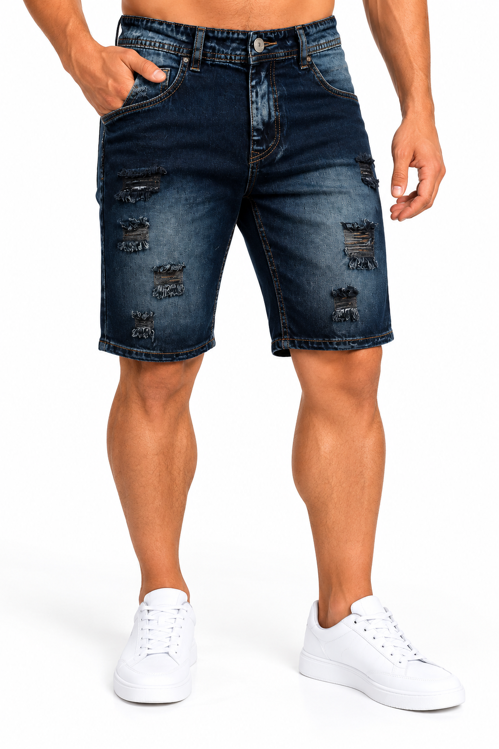 Bermuda Jean para Hombre – Denim Azul Oscuro con Desgastes