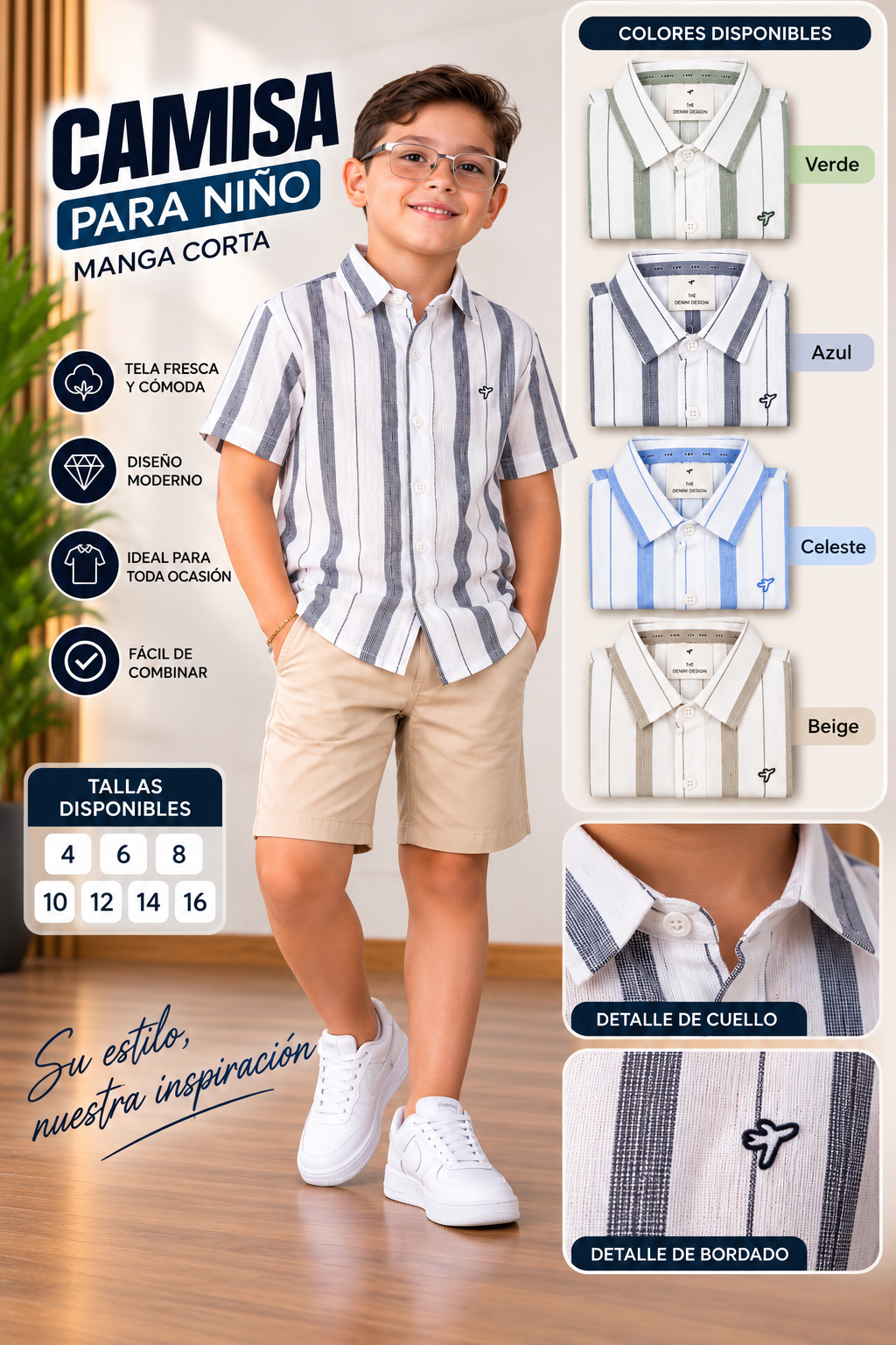 Camisa Infantil de Rayas Manga Corta – Estilo Casual Elegante
