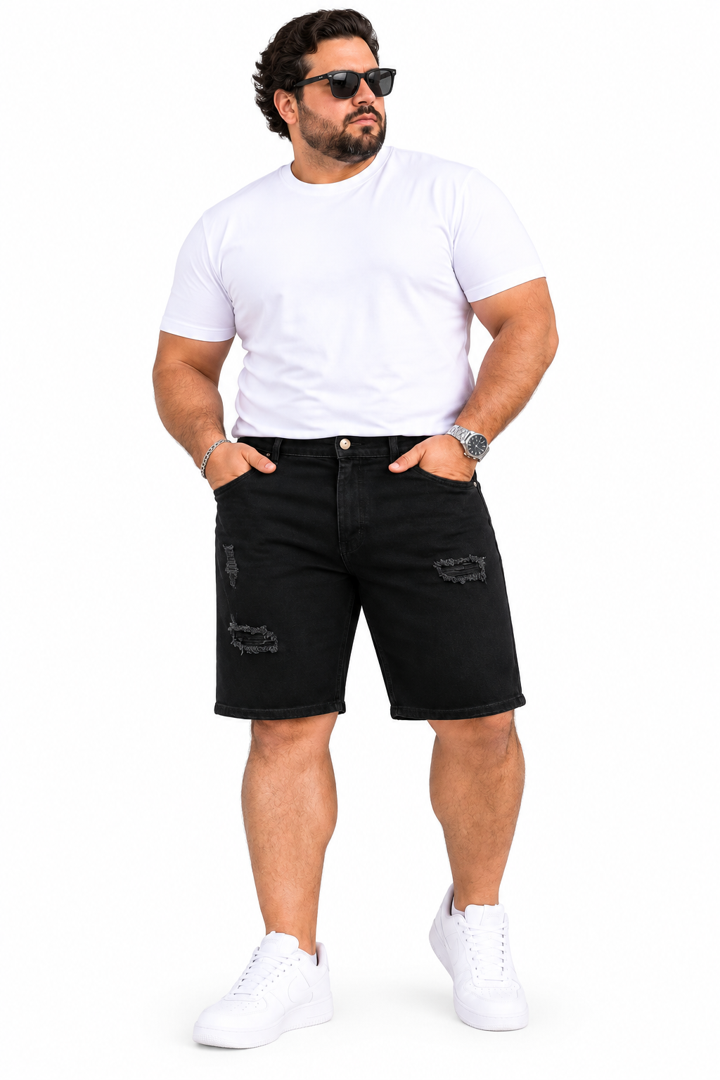 Bermuda Plus Caballero Denim Negro con Detalles Desgastados — Ref. 76153
