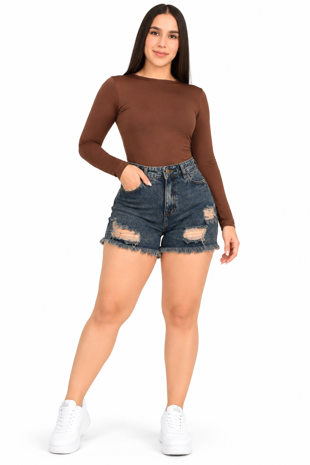 Short Dama Denim Azul Oscuro con Rotos y Desflecado — Ref. 1045