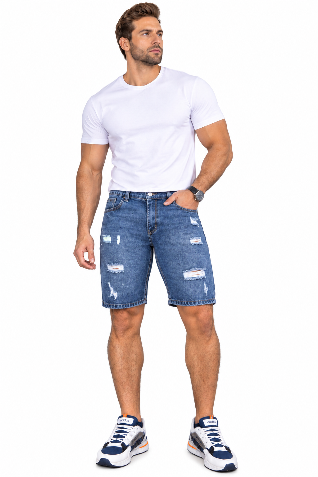 Bermuda de hombre en denim azul medio con desgastes – Ref. 76156