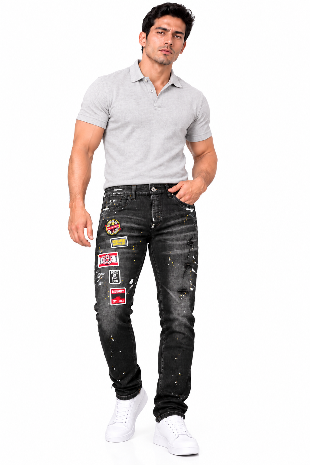 Jean Negro Hombre con Parches y Efecto Desgastado – Ref. DP-192