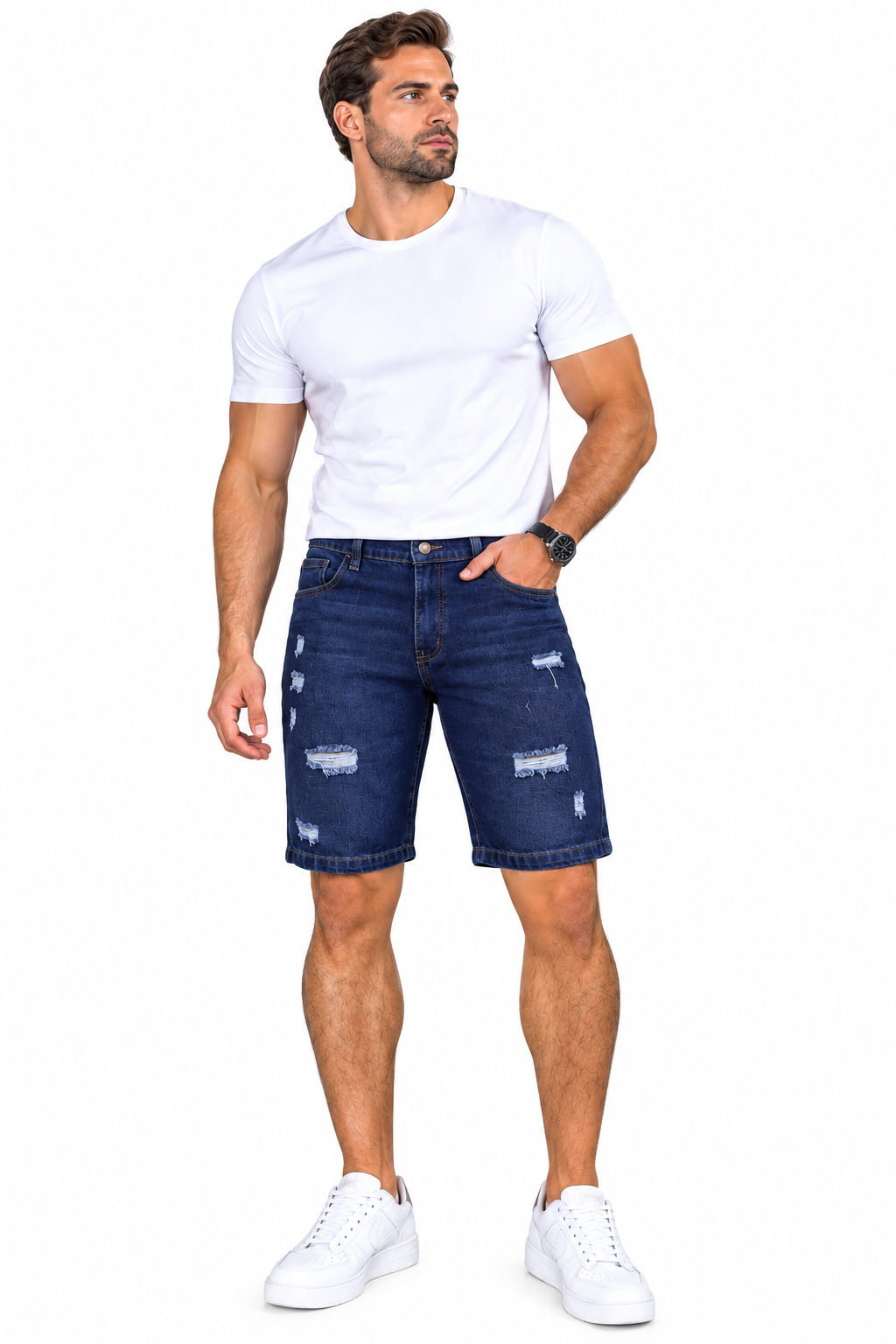 Bermuda de hombre en denim azul oscuro con desgastes – Ref. 76137