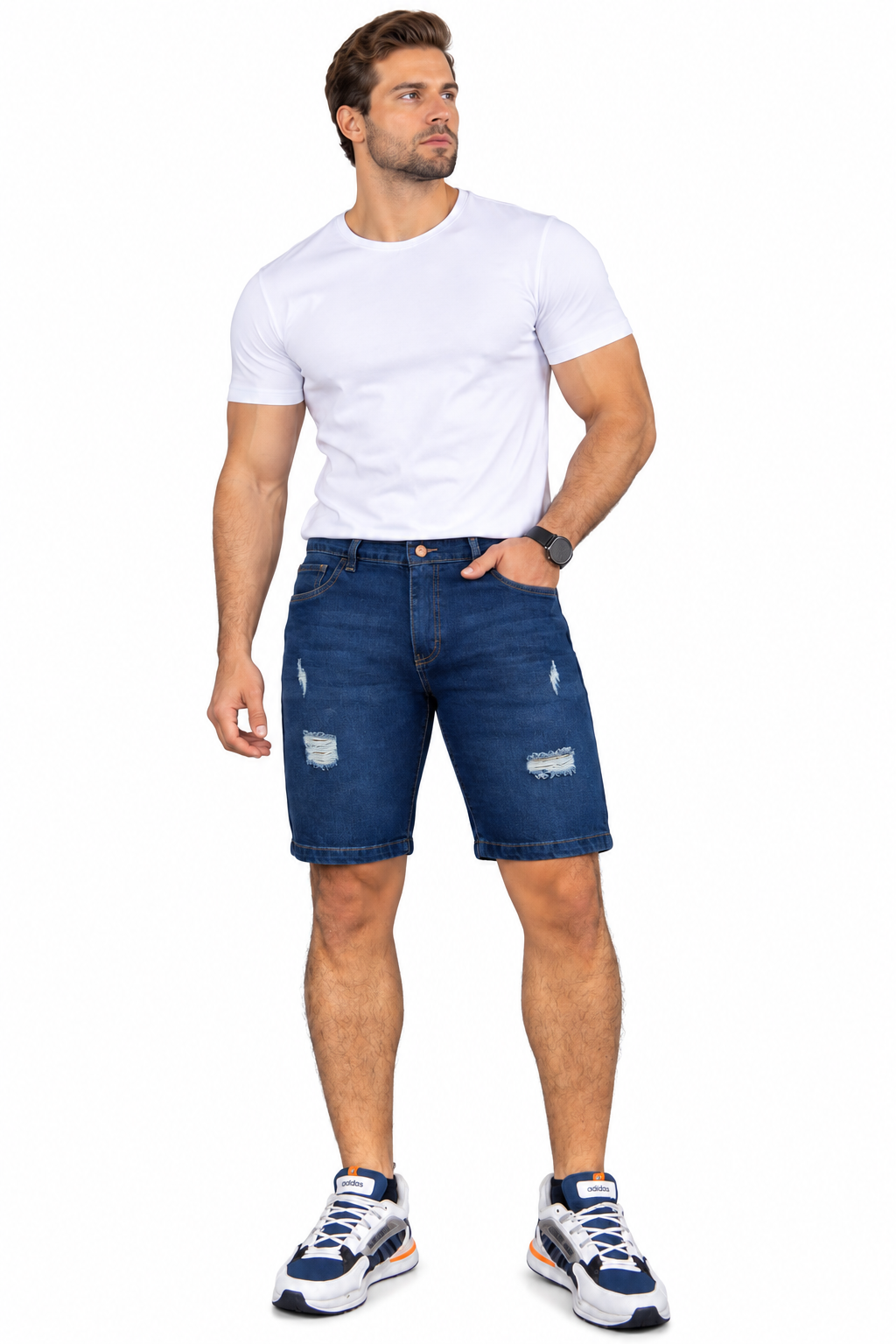 Bermuda de hombre en denim azul oscuro con desgastes – Ref. 76158