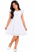 Vestido Blanco para Niña en Ojalillo con Moño y Mangas de Volantes
