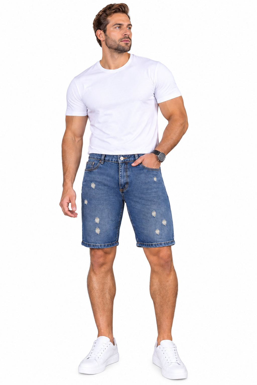 Bermuda de hombre en denim azul medio con desgastes – Ref. 76157