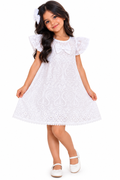 Vestido Blanco Infantil de Encaje con Moño y Mangas de Volantes