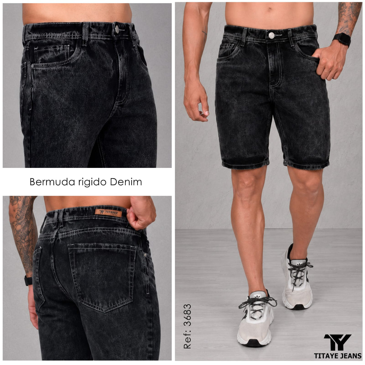 Bermuda de Jean Rígido Negro Lavado para Caballero – Ref. 3683