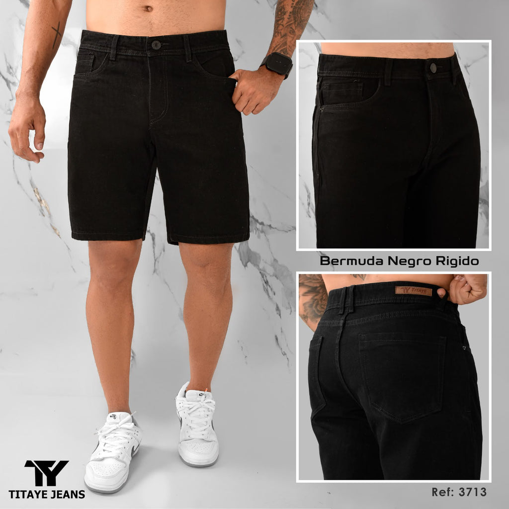 Bermuda Hombre Negra en Denim Rígido – Ref. 371