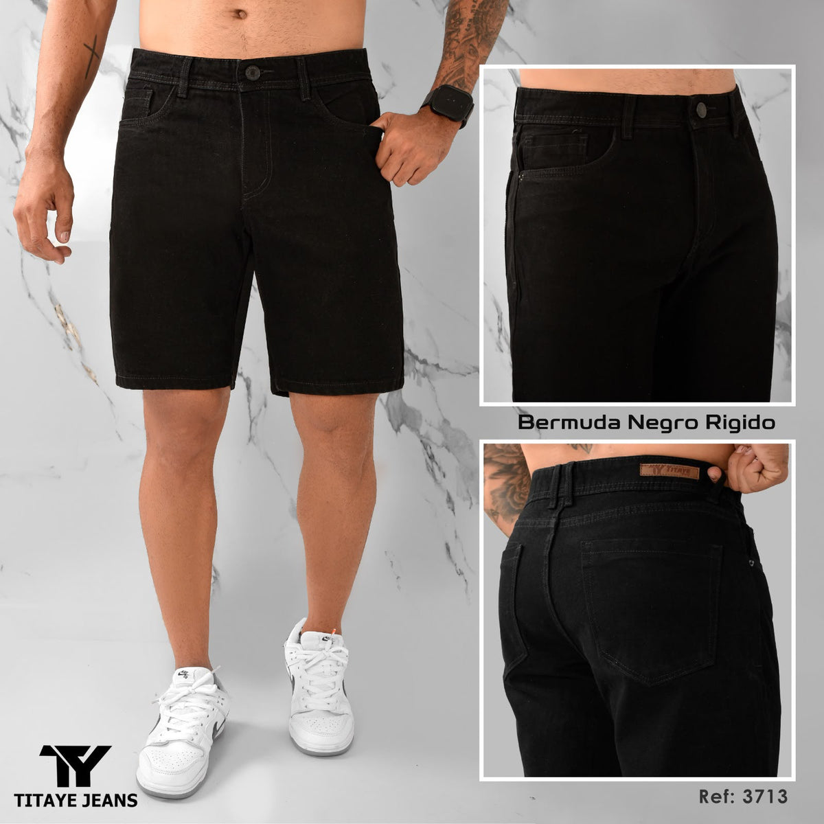 Bermuda Hombre Negra en Denim Rígido – Ref. 371