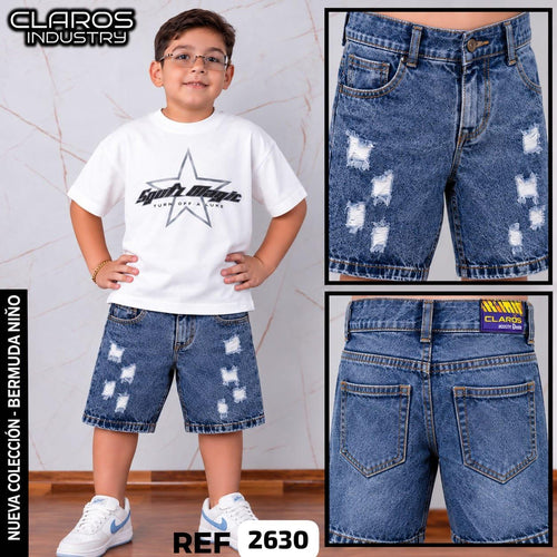 Bermuda de Jean Niño Azul Claro con Rotos – Ref. 2630