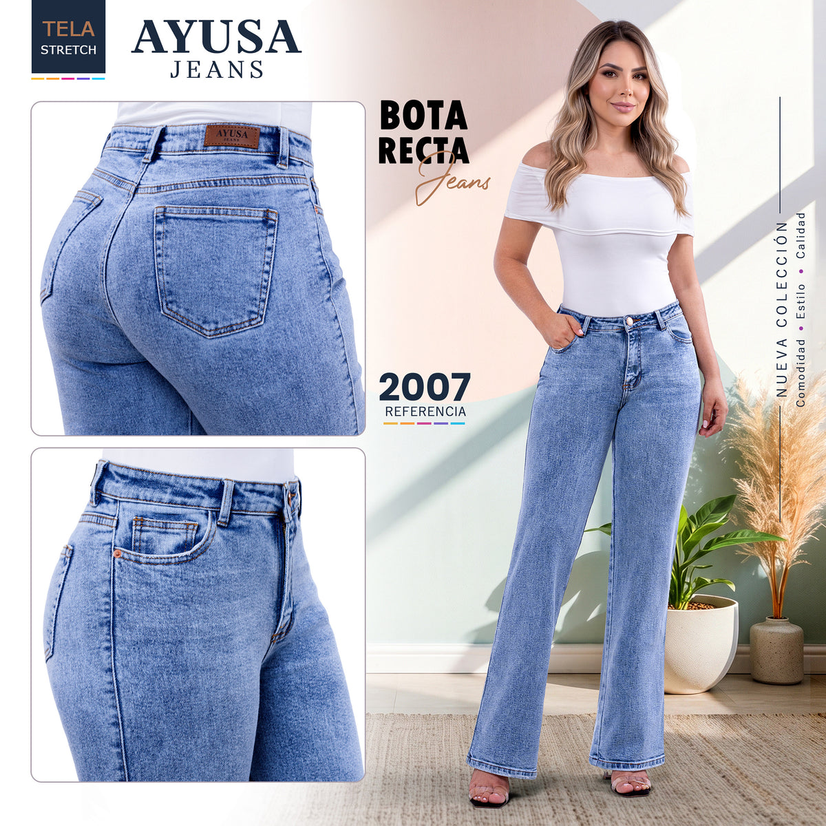 Jean Dama Bota Recta Azul Hielo Stretch — Ref. 2007
