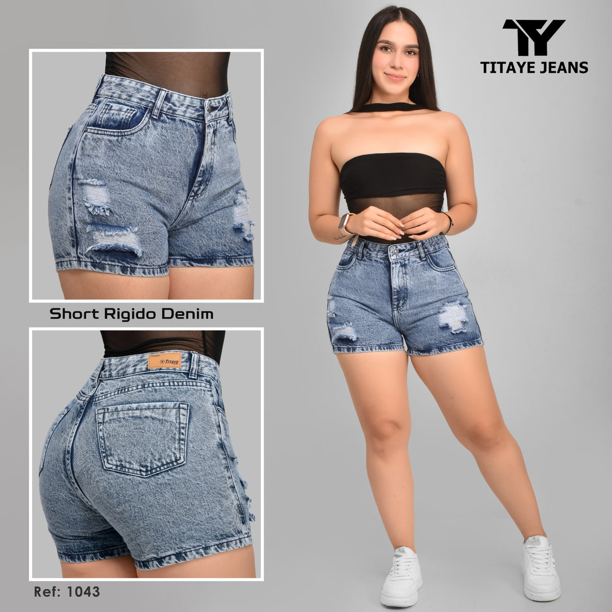Short Dama Denim Azul Claro con Rotos — Ref. 1043