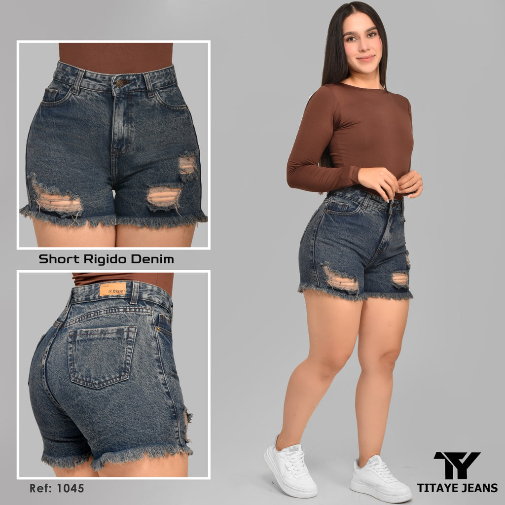 Short Dama Denim Azul Oscuro con Rotos y Desflecado — Ref. 1045