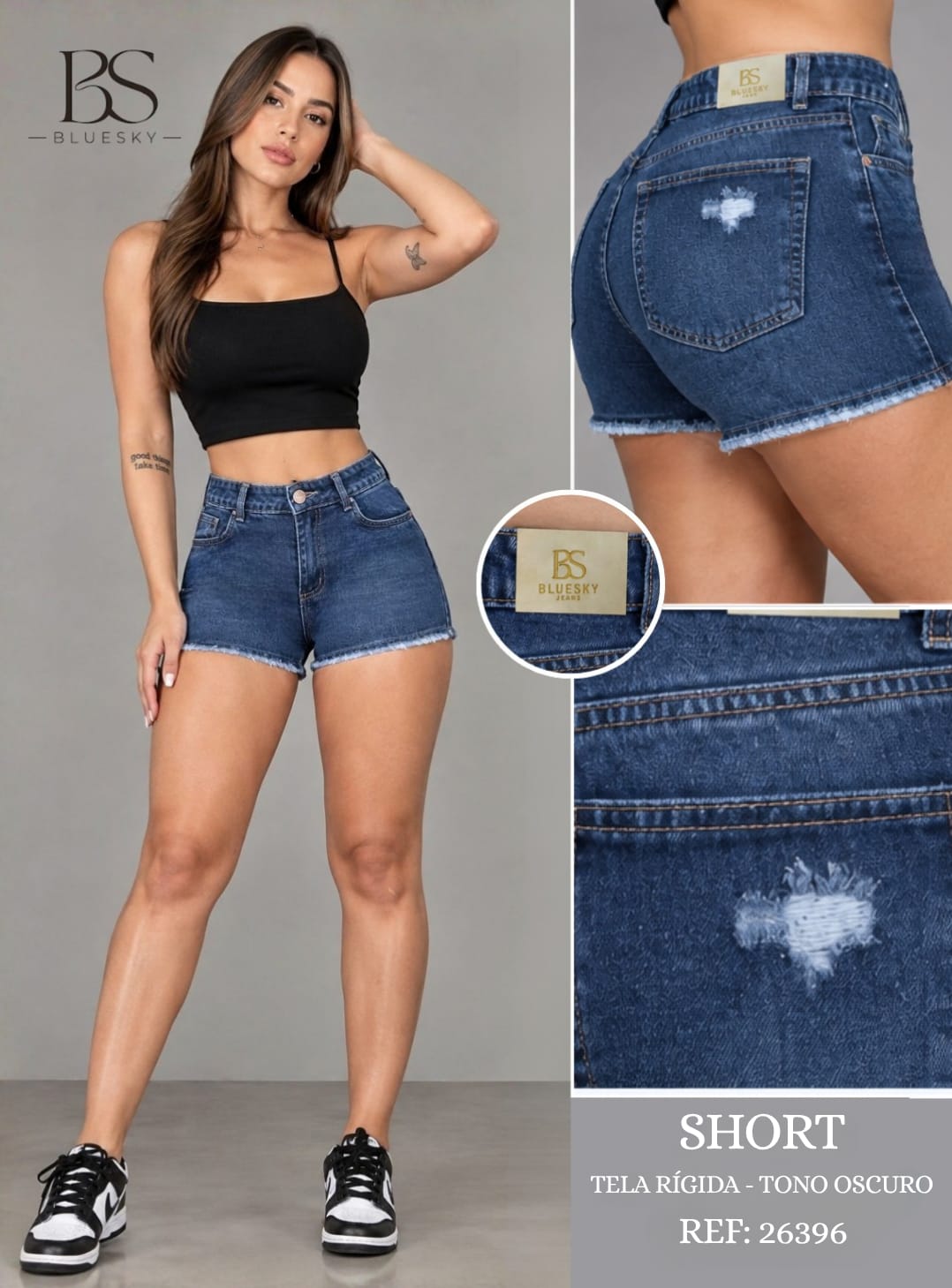 Short Dama Denim Azul Oscuro con Desgaste Posterior — Ref. 26396