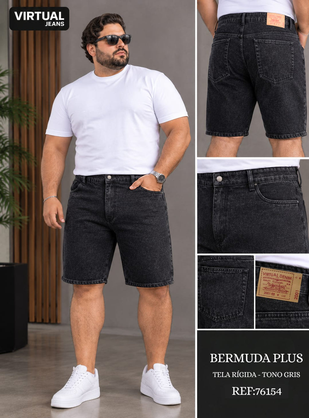 Bermuda Plus Caballero Denim Gris Oscuro con Diseño Texturizado — Ref. 76154