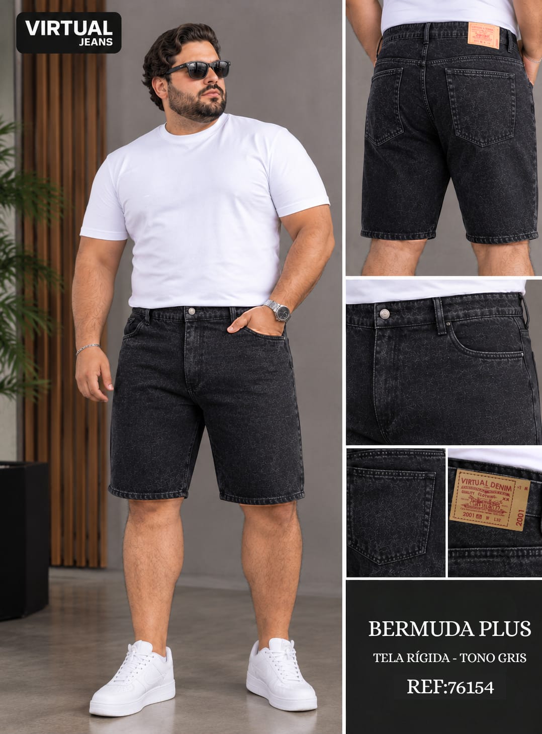 Bermuda Plus Caballero Denim Gris Oscuro con Diseño Texturizado — Ref. 76154
