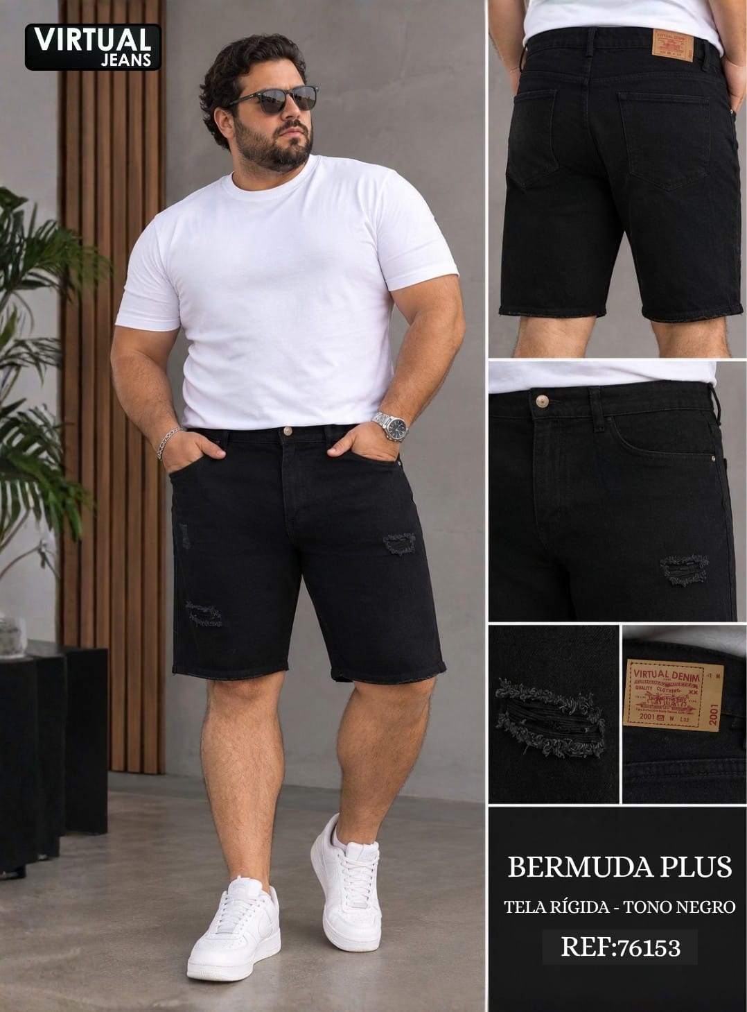 Bermuda Plus Caballero Denim Negro con Detalles Desgastados — Ref. 76153