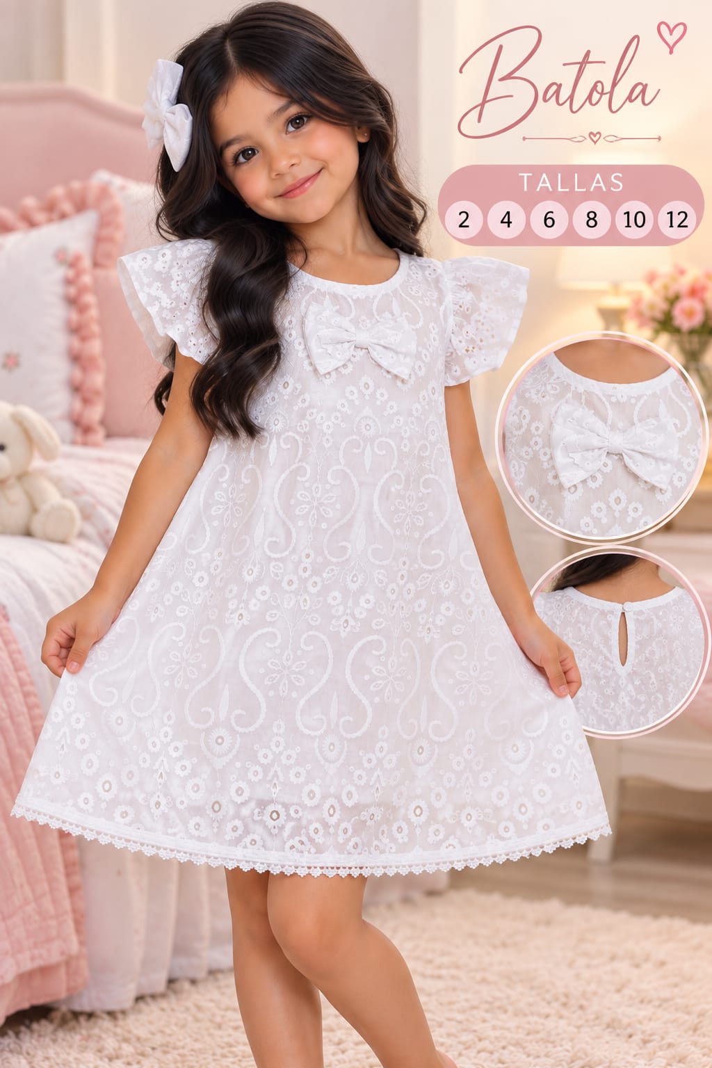 Vestido Blanco Infantil de Encaje con Moño y Mangas de Volantes