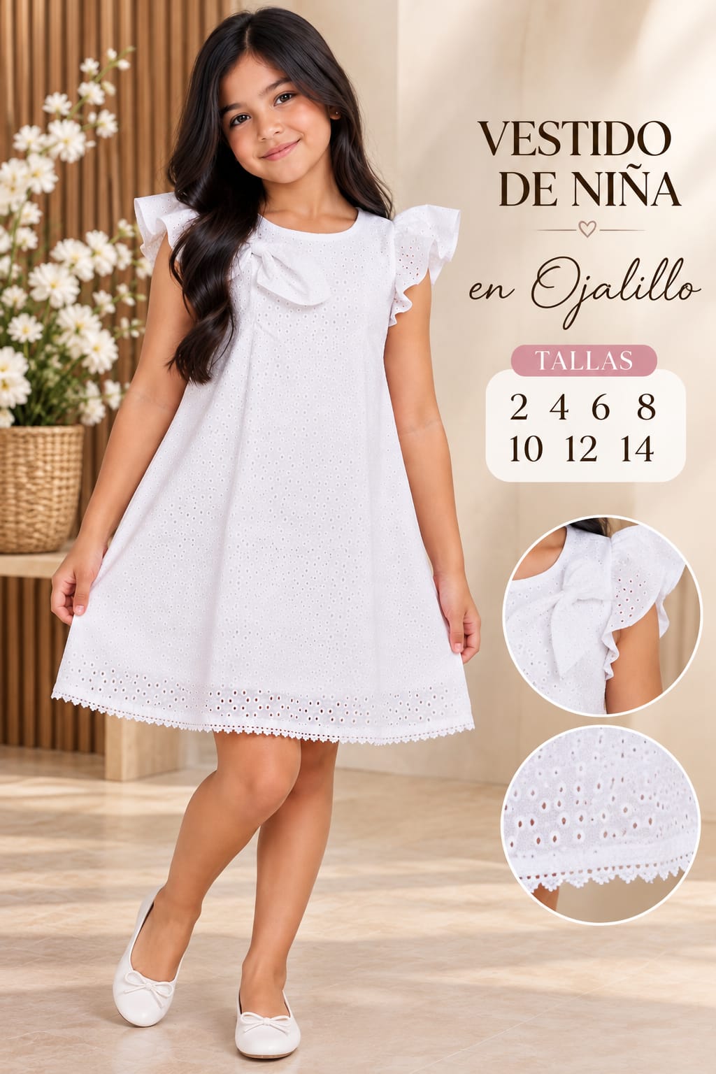Vestido Blanco para Niña en Ojalillo con Moño y Mangas de Volantes