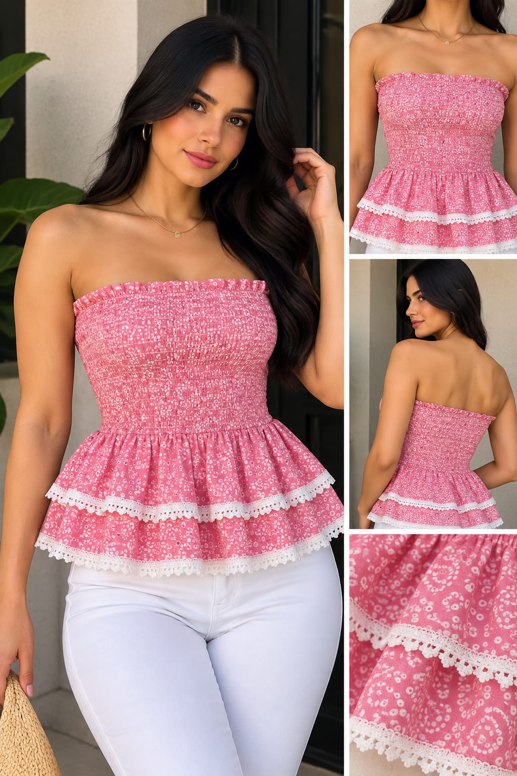 Blusa Strapless de Dama con Encaje y Volantes