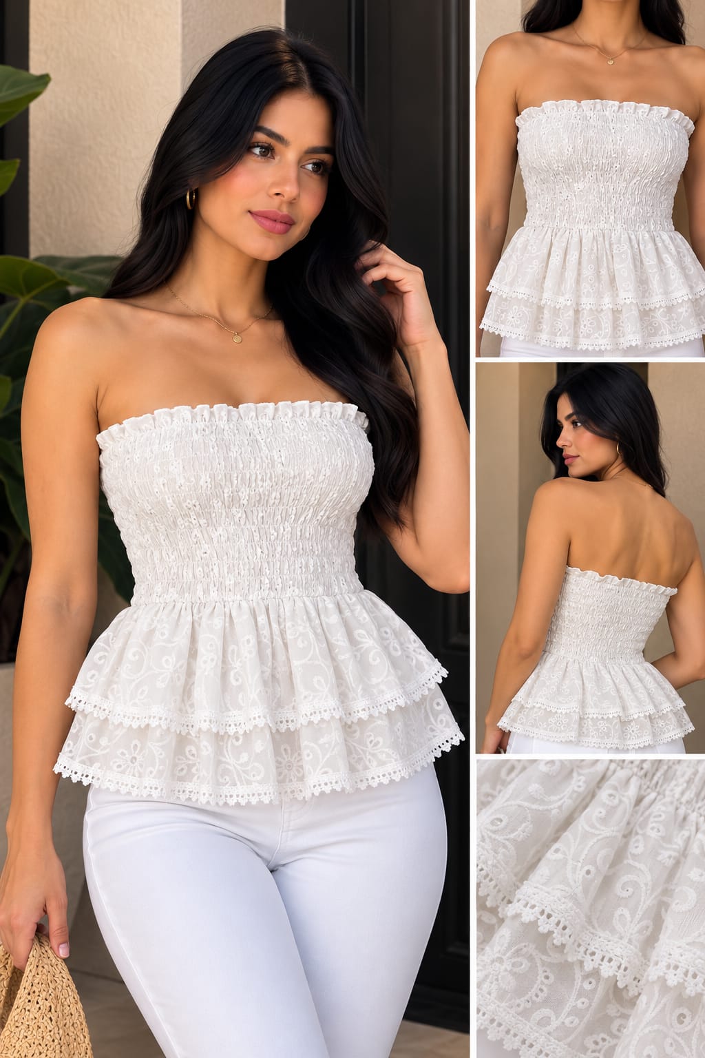Blusa strapless blanca, foto real