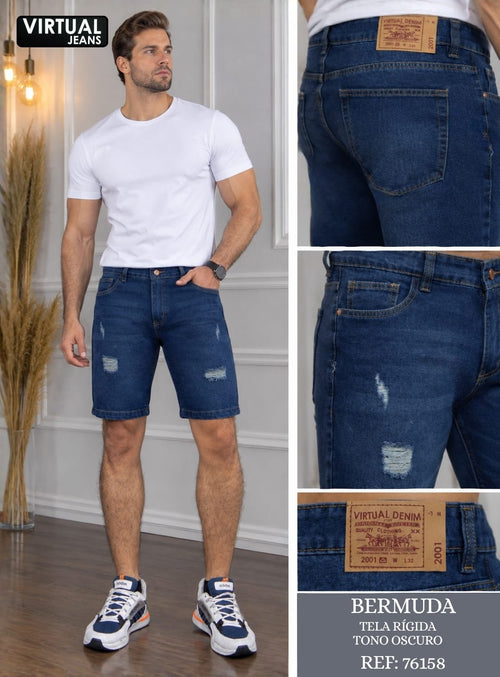 Bermuda de hombre en denim azul oscuro con desgastes – Ref. 76158