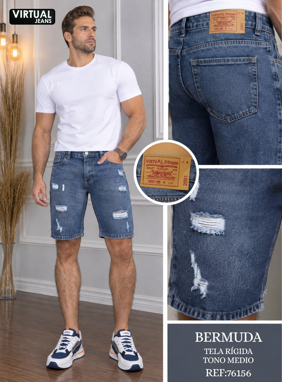 Bermuda de hombre en denim azul medio con desgastes – Ref. 76156