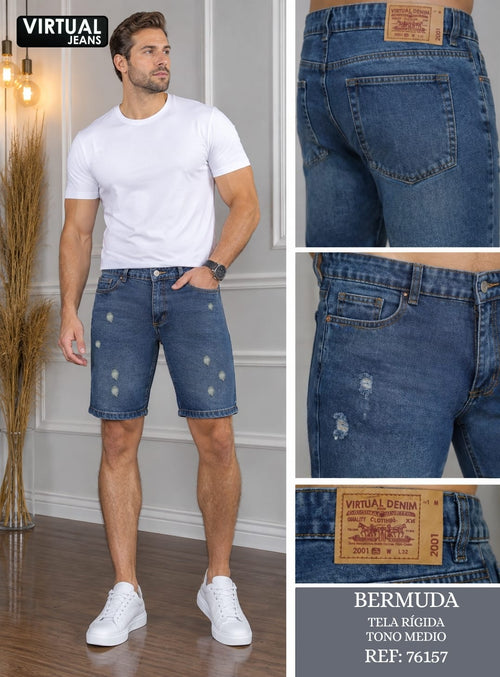 Bermuda de hombre en denim azul medio con desgastes – Ref. 76157