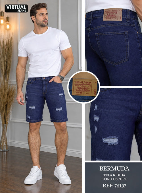 Bermuda de hombre en denim azul oscuro con desgastes – Ref. 76137