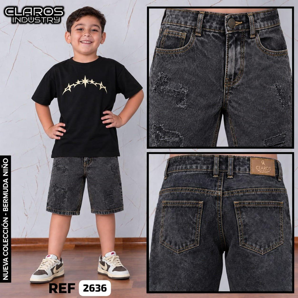bermuda de Jean para Niño Gris Oscuro Desgastado – Ref. 2636
