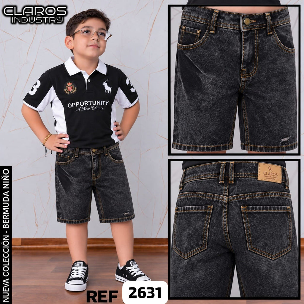 Bermuda de Jean para Niño Negra Desgastada – Ref. 2631