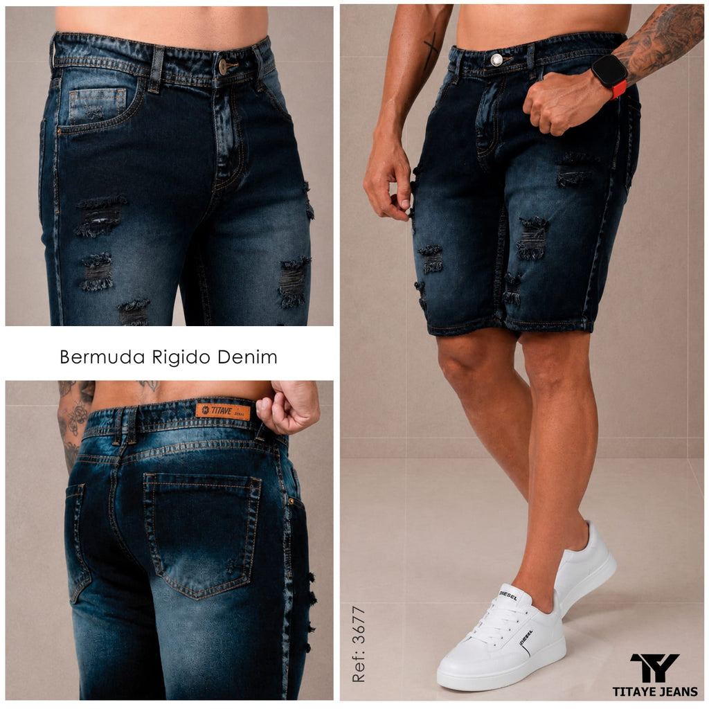 Bermuda Jean para Hombre – Denim Azul Oscuro con Desgastes