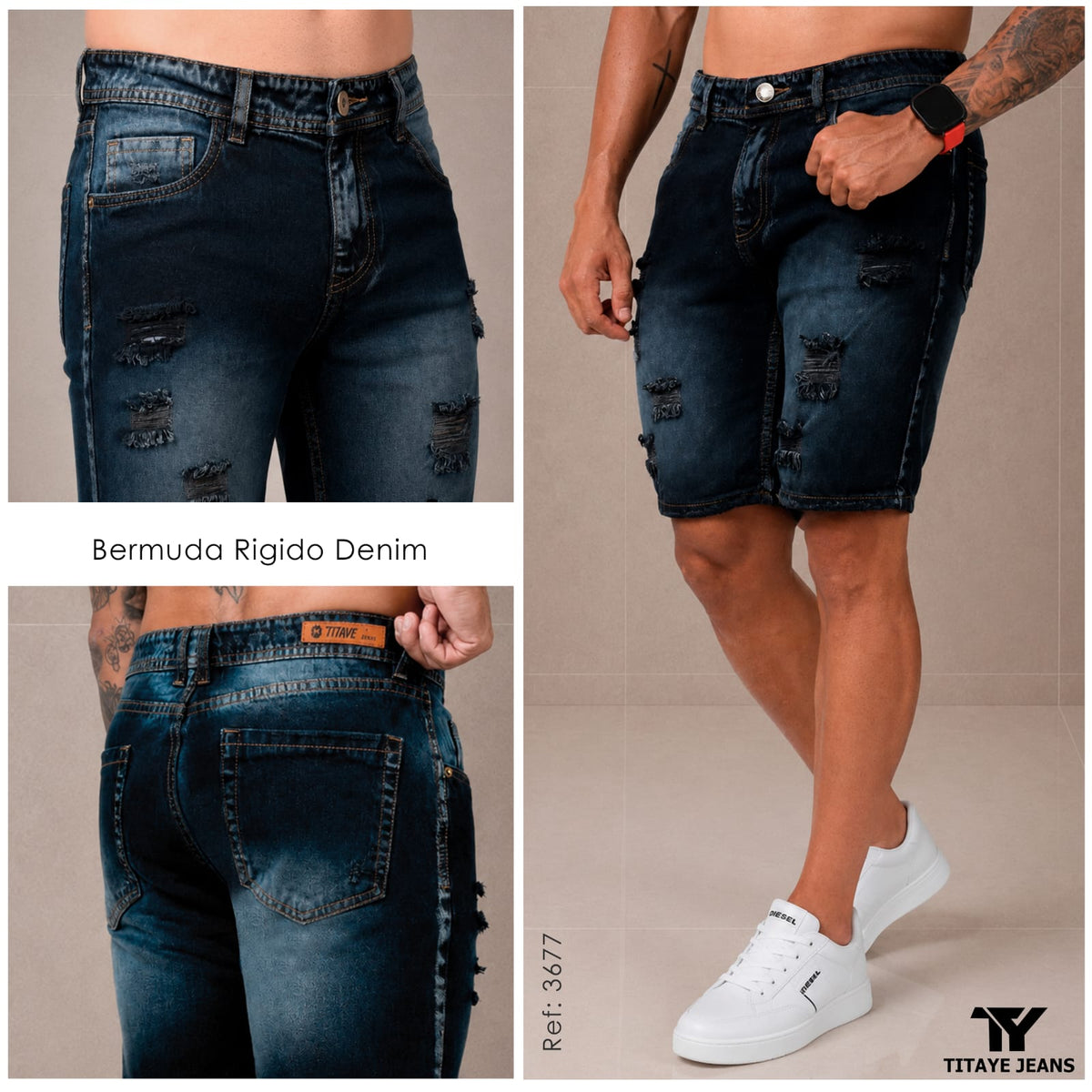 Bermuda Jean para Hombre – Denim Azul Oscuro con Desgastes