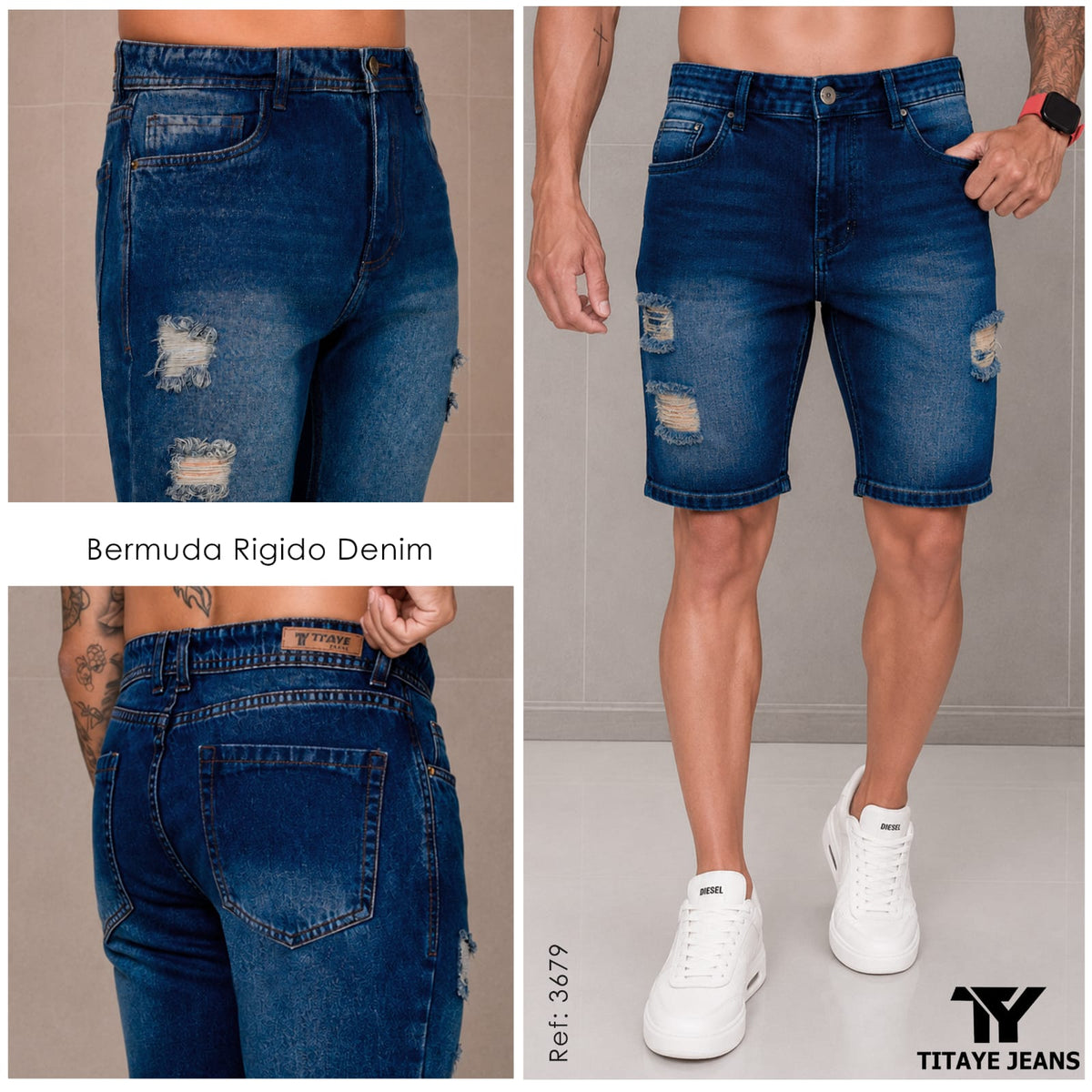 Bermuda Jean para Hombre Azul Medio con Rotos – Ref. 3679