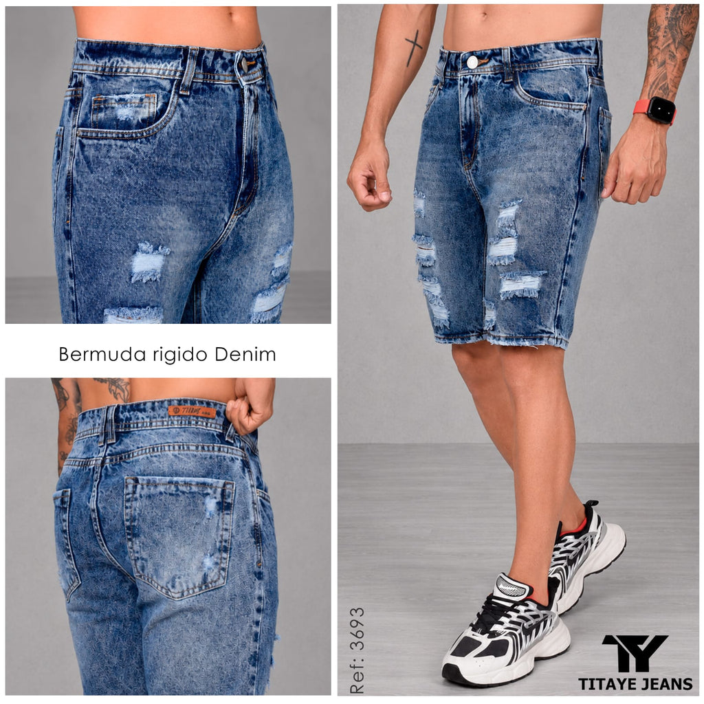 Bermuda de hombre rígida denim azul desgastado