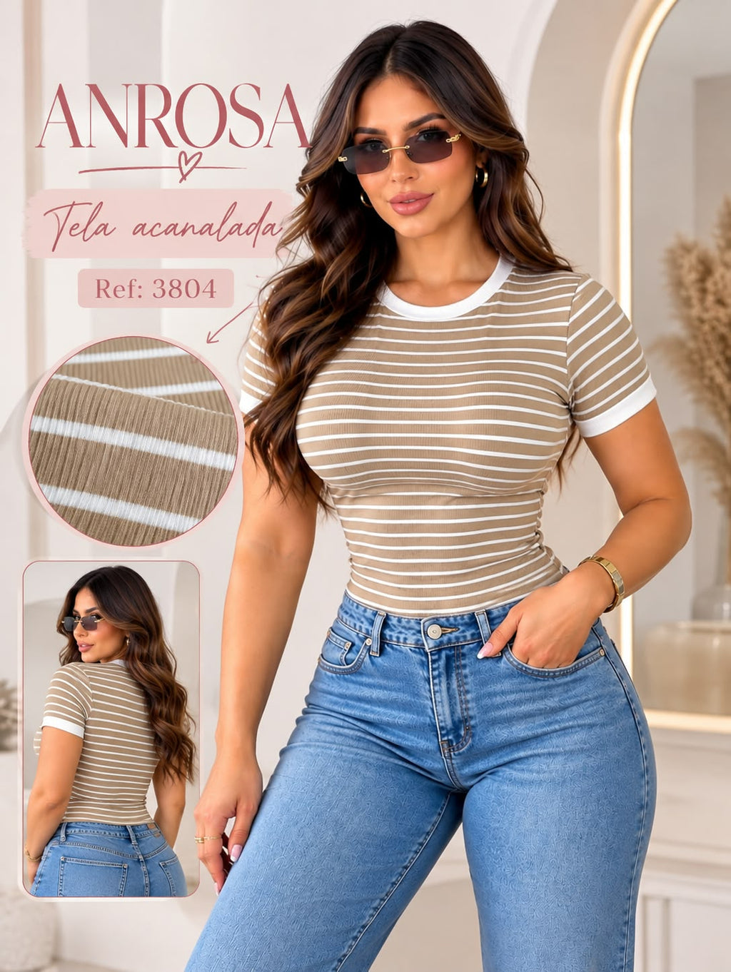 Camiseta para mujer de rayas beige y blancas – Ref. 3804.