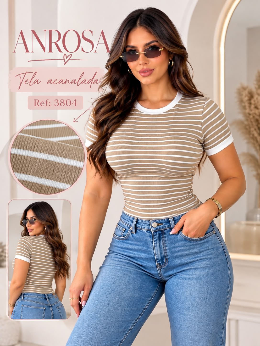 Camiseta para mujer de rayas beige y blancas – Ref. 3804.