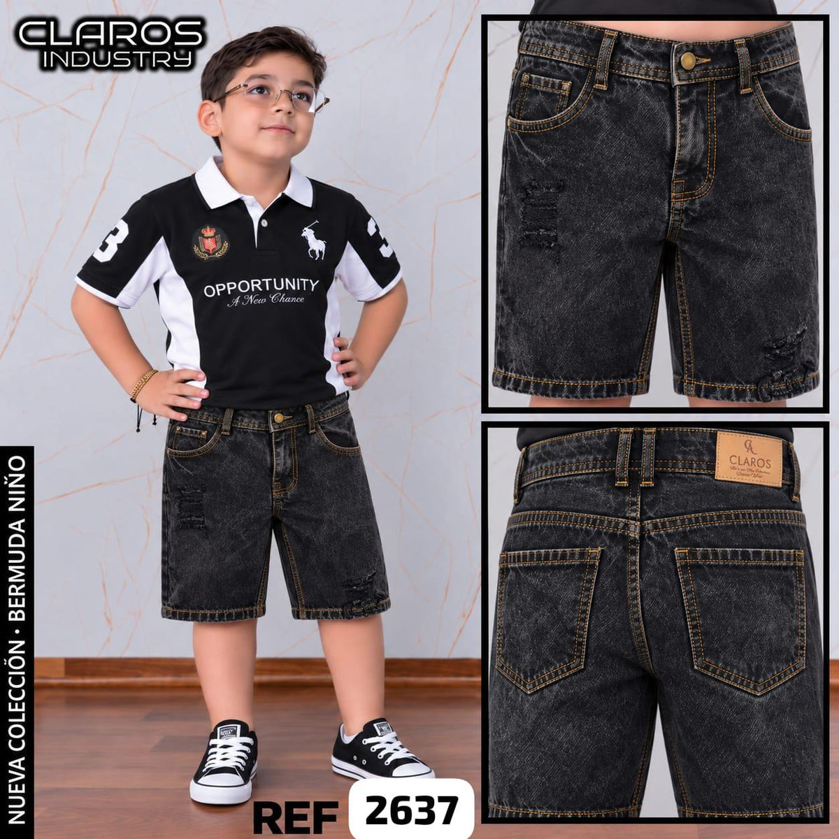 Bermuda Niño Denim Negro Desgastado – Ref. 2637