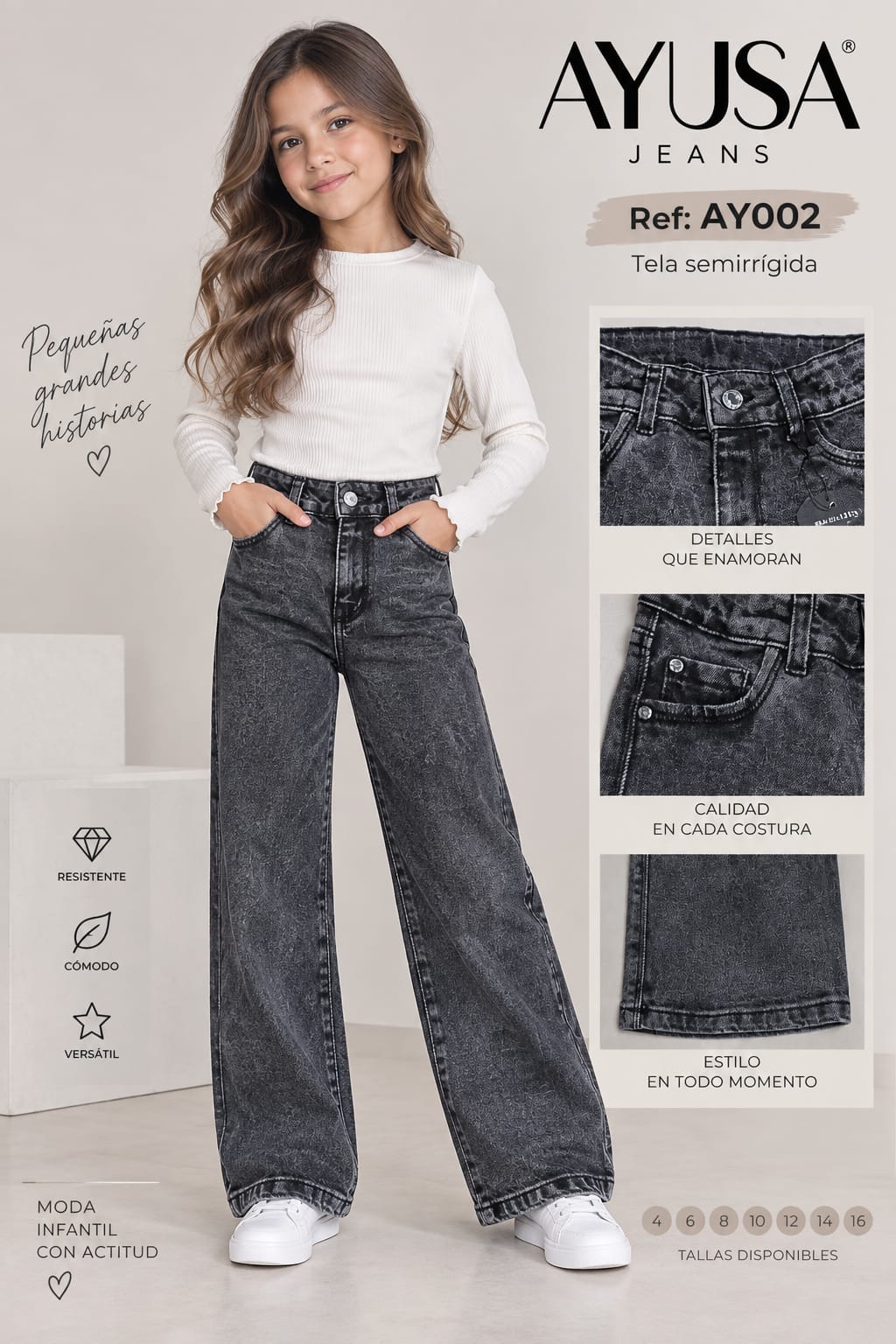 Jean Wide Leg Gris Desgastado para Niña